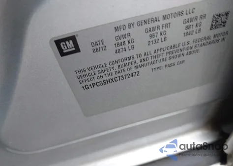 2012 Chevrolet Cruze Ls from USA, damaged, VIN 1G1PC5SHXC7372472